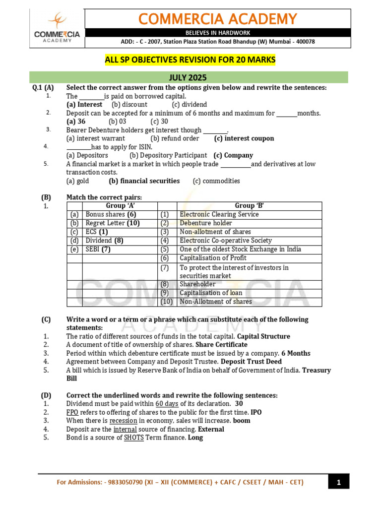 SP - Objectives With Solution | PDF | Securities (Finance) | Dividend