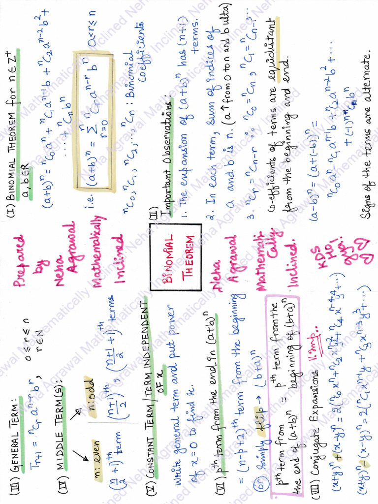 Binomial Theorem Notes - Watermark | PDF