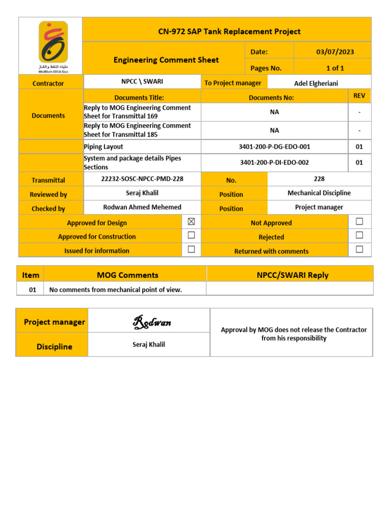 Engineering Comment Sheet For Transmittal 228 | PDF