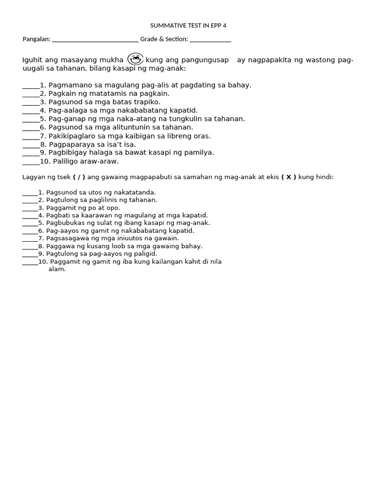 Summative Test in Epp 4 w4 | PDF