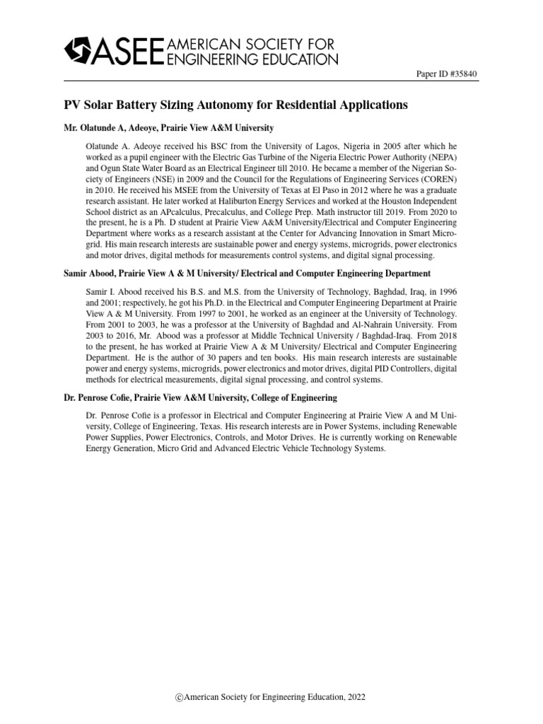 PV Solar Battery Sizing Autonomy For Residential Applications | PDF ...