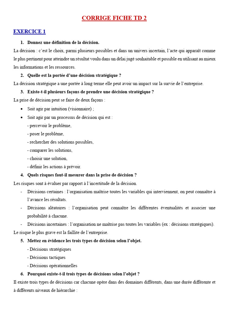 Corrige Fiche TD 2 Me2 | PDF | Commercialisation | Risque