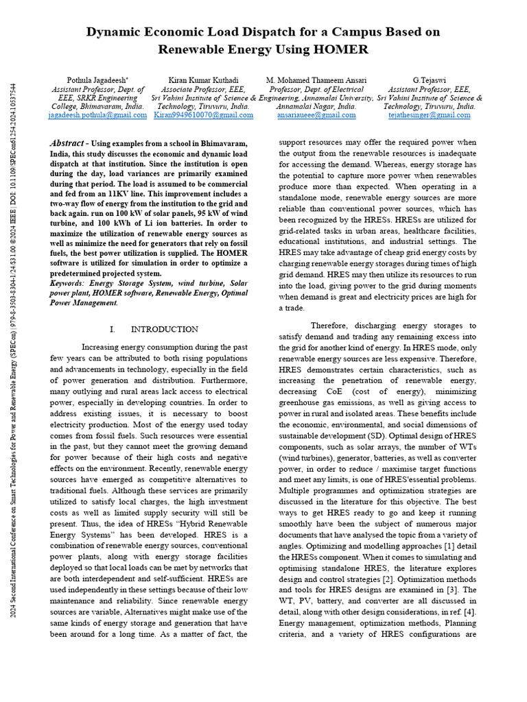 Dynamic Economic Load Dispatch For A Campus Based On Renewable Energy ...