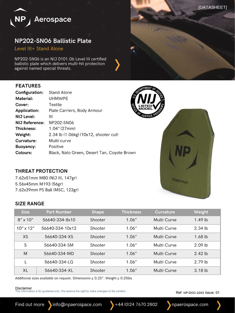 NP DOC 2243 NP202 SN06 Ballistic Plate Datasheet | PDF