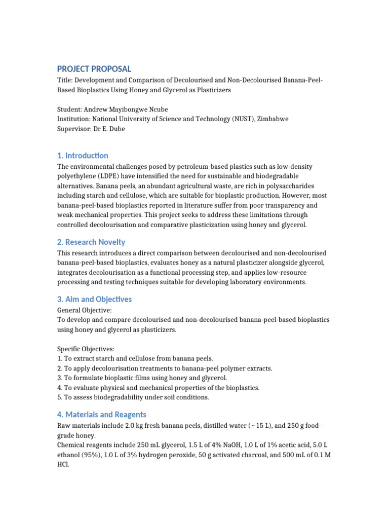 Banana Peel Bioplastics Project Proposal | PDF | Chemical Substances ...