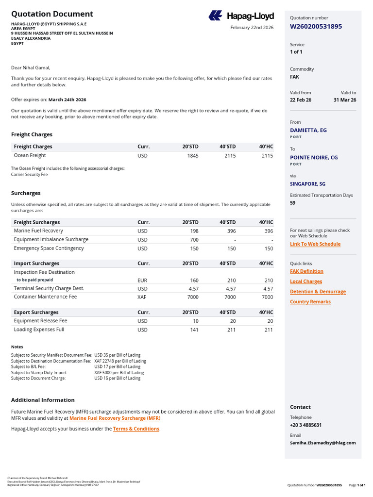 Quotation w260200531895 Egdam CGPNR | PDF | Fee | Cargo