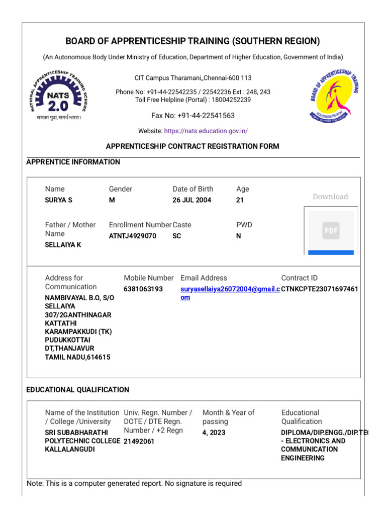 Apprenticeship Contract Registration Form | PDF | Apprenticeship ...