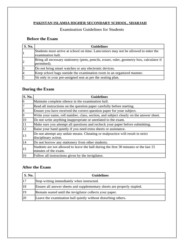 Exam Guidelines For Students | PDF