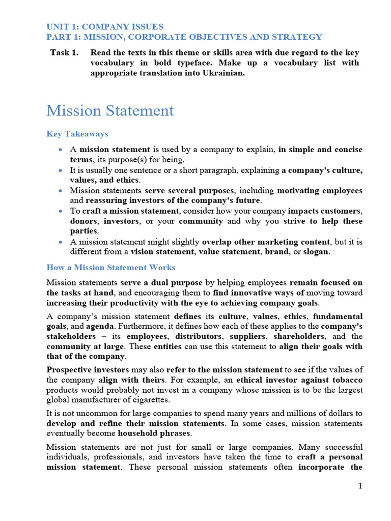 UNIT 1 Part 1 Mission Objectives Strategy ST | PDF | Strategic ...