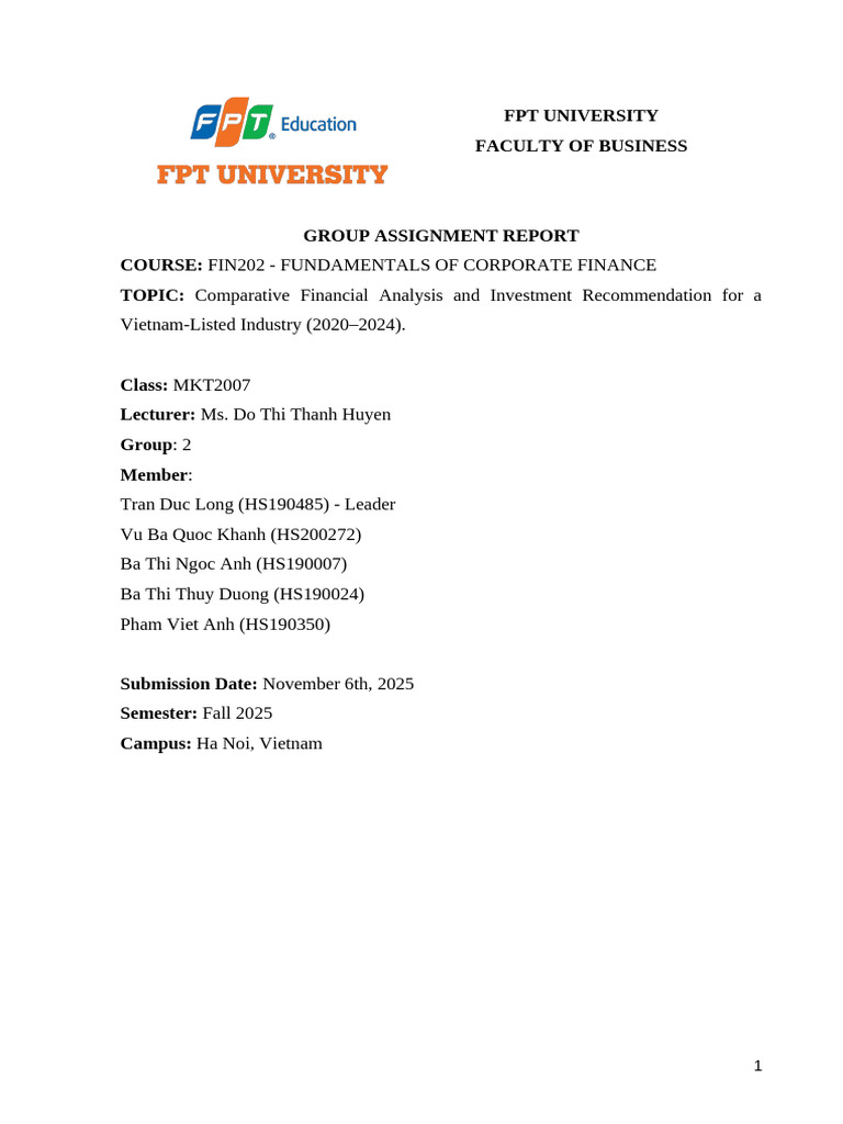 FIN202 - MKT2007 - Group 2 - Report and Team Evaluation | PDF | Capital ...