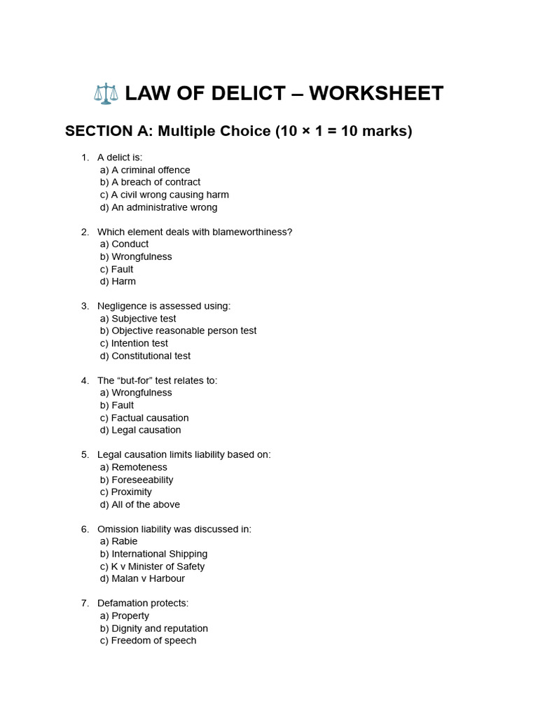 Law of Delict Worksheet | PDF