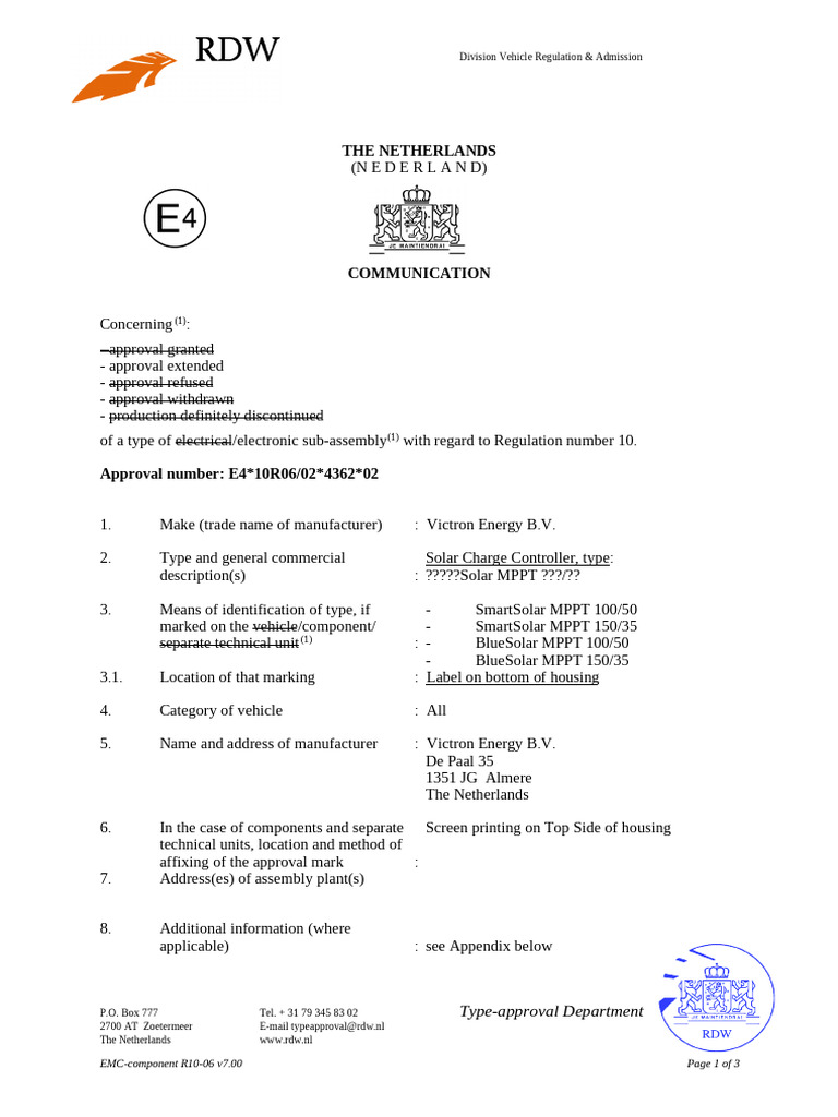 Certificate Automotive ECE R10 6 BlueSolar & SmartSolar MPPT 100 50 and ...