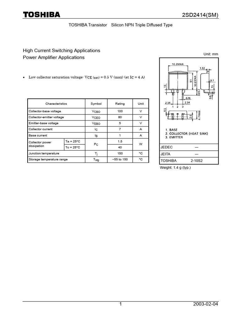 D2414 Toshiba | PDF | Bipolar Junction Transistor | Electrical Engineering