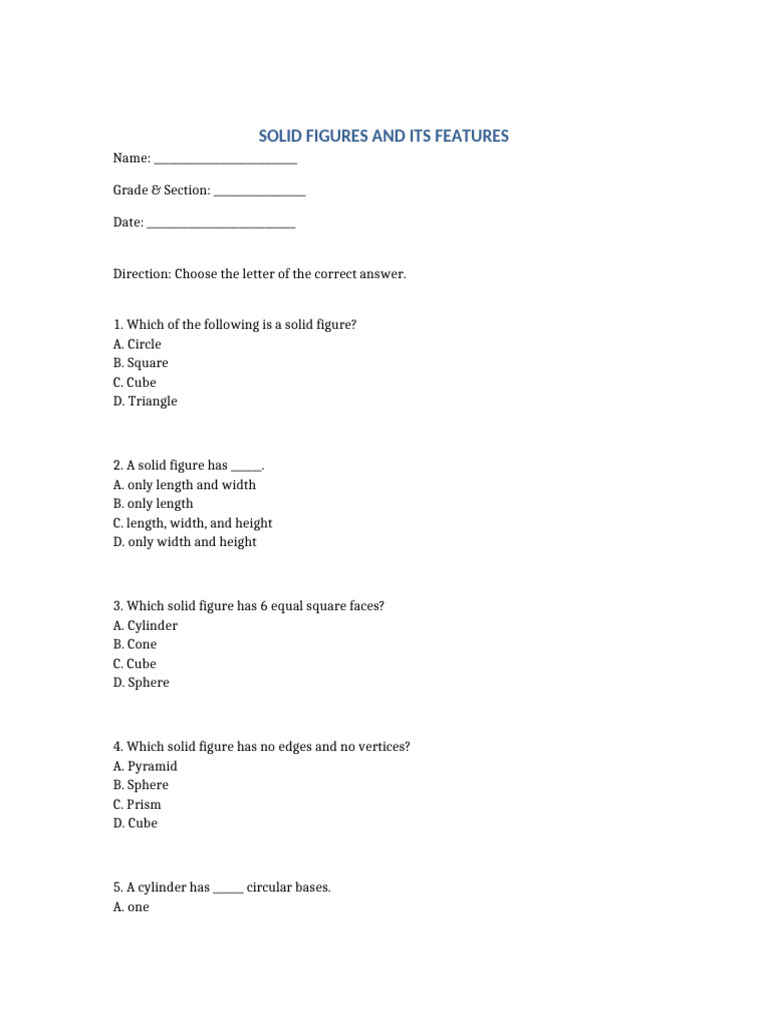 Solid Figures and Its Features 50 Item Test | PDF | Sphere | Vertex ...