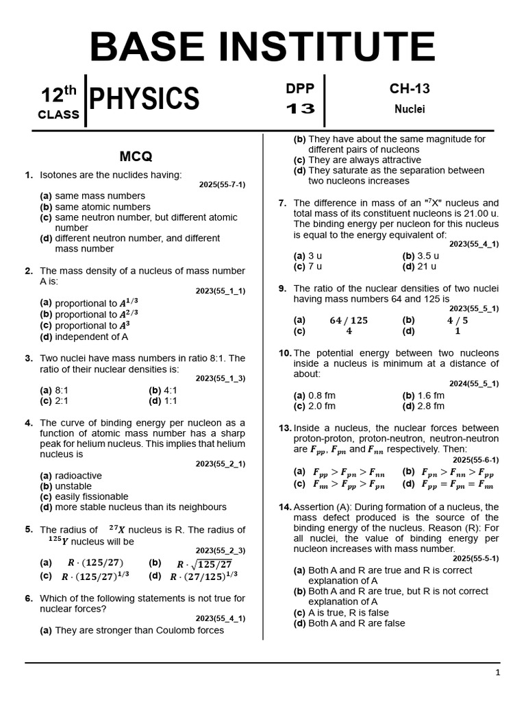 BASE Class 12 Chapter 13 DPP | PDF | Atomic Nucleus | Neutron