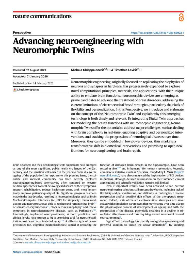 Chiappalone and Levi, 2026 - Advancing Neuroengineering With ...