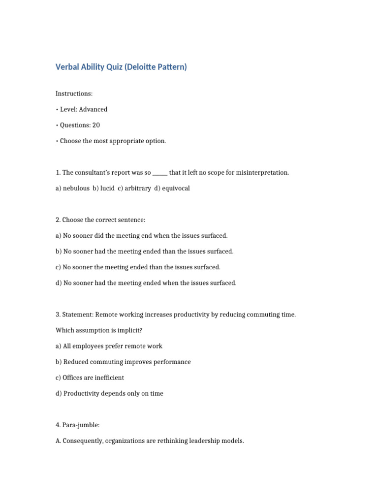 VA Quiz Based On Deloitte Pattern | PDF | Innovation | Cognition