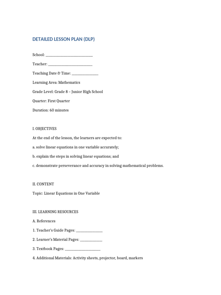 DepEd Detailed Lesson Plan Grade 8 Math OBE | PDF | Equations | Mathematics