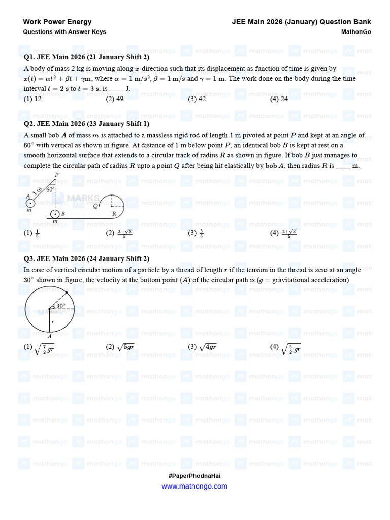 Work Power Energy - JEE Main 2026 (Jan) - MathonGo | PDF | Force ...
