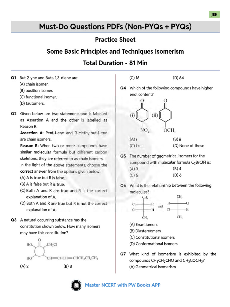 Some Basic Principles and Techniques Isomerism Must Do Questions Sheet ...