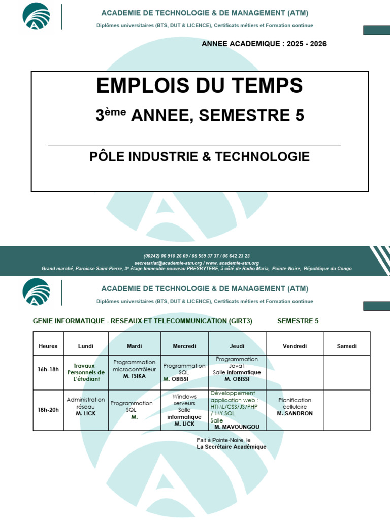 Emploi Du Temps Sem 5 2025-2026 Revu | PDF | Informatique | Application web