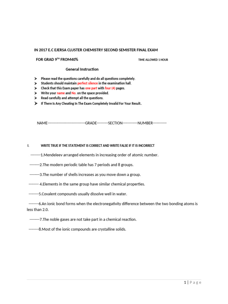 CHEMISTRY G 9 TH Worksheet | PDF | Chemical Bond | Ionic Bonding