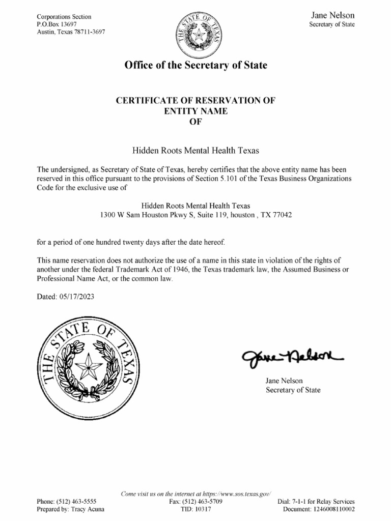HRMH SOS Texas Certificate | PDF