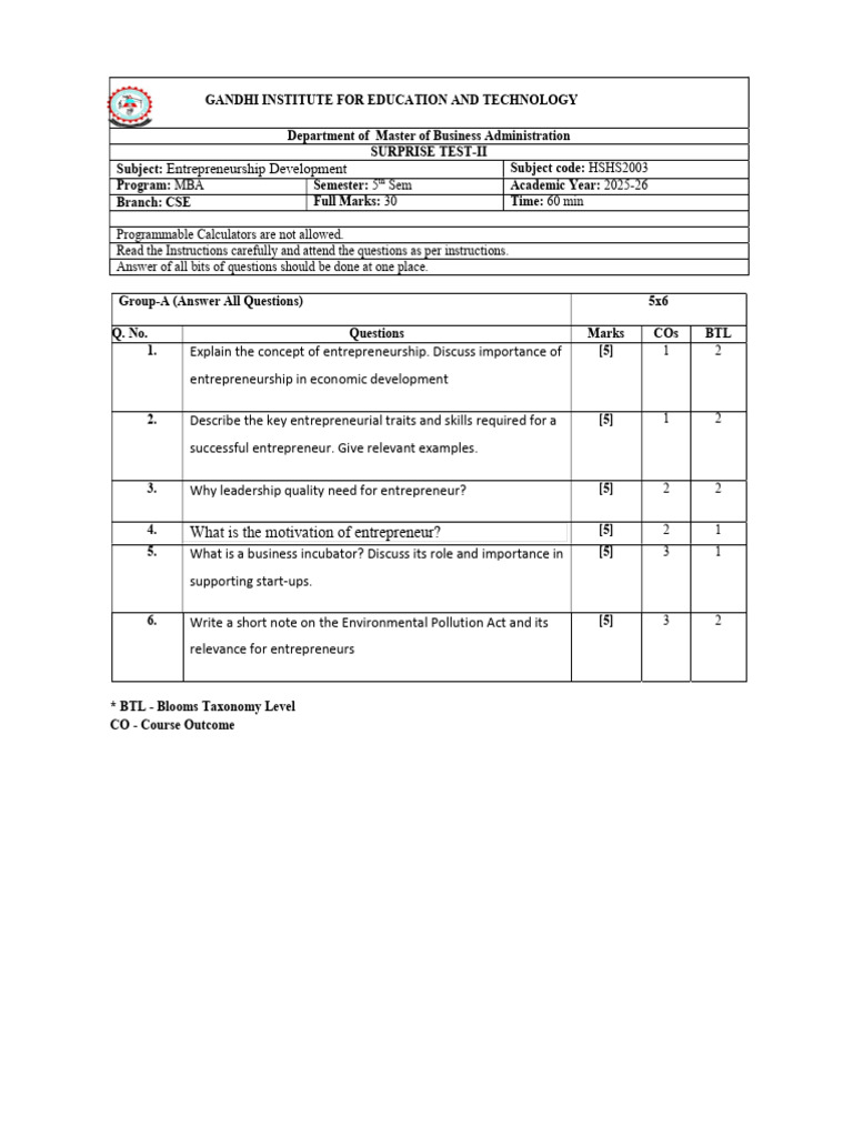 ED Surprise Test 5th Sem | PDF