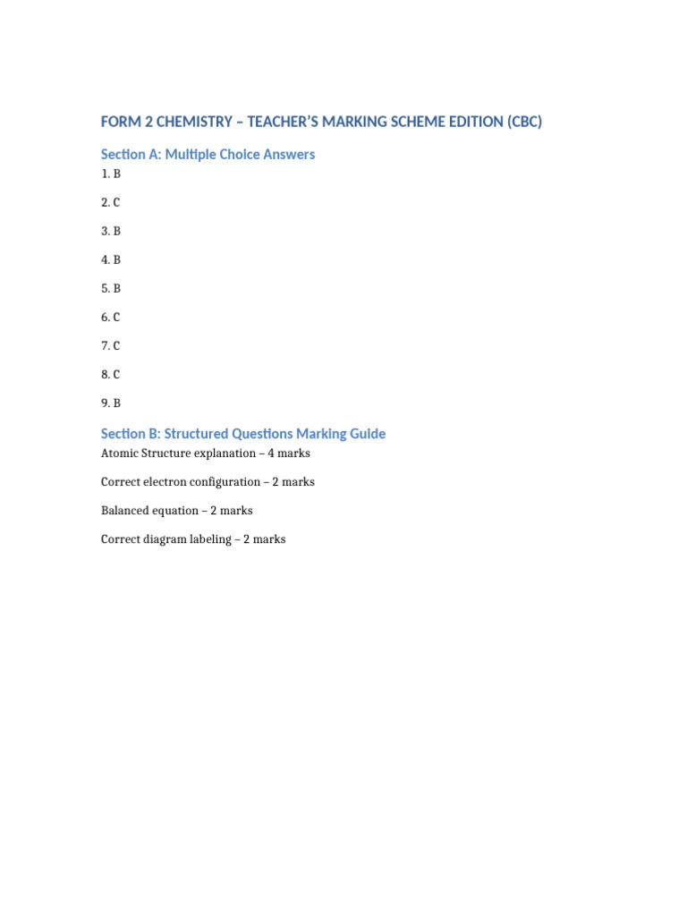 Form 2 Chemistry Teachers Marking Scheme Edition | PDF