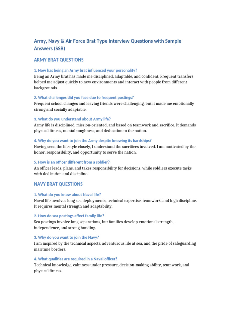 Army Navy AirForce Brat Interview QA | PDF | Cognition | Social Psychology