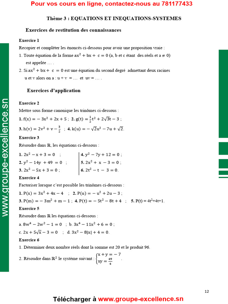 Td3 Equations Et Inequations Systemes | PDF | Algèbre générale ...