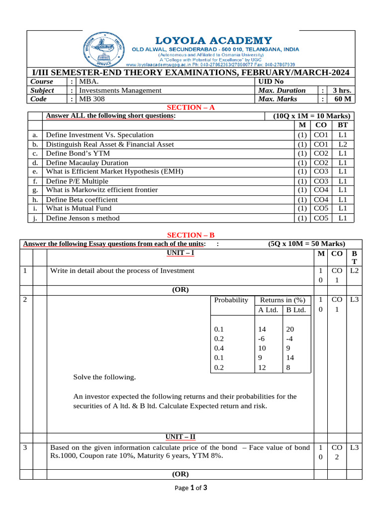 MB 308 Investments Mangement Model Paper | PDF | Investing | Beta (Finance)