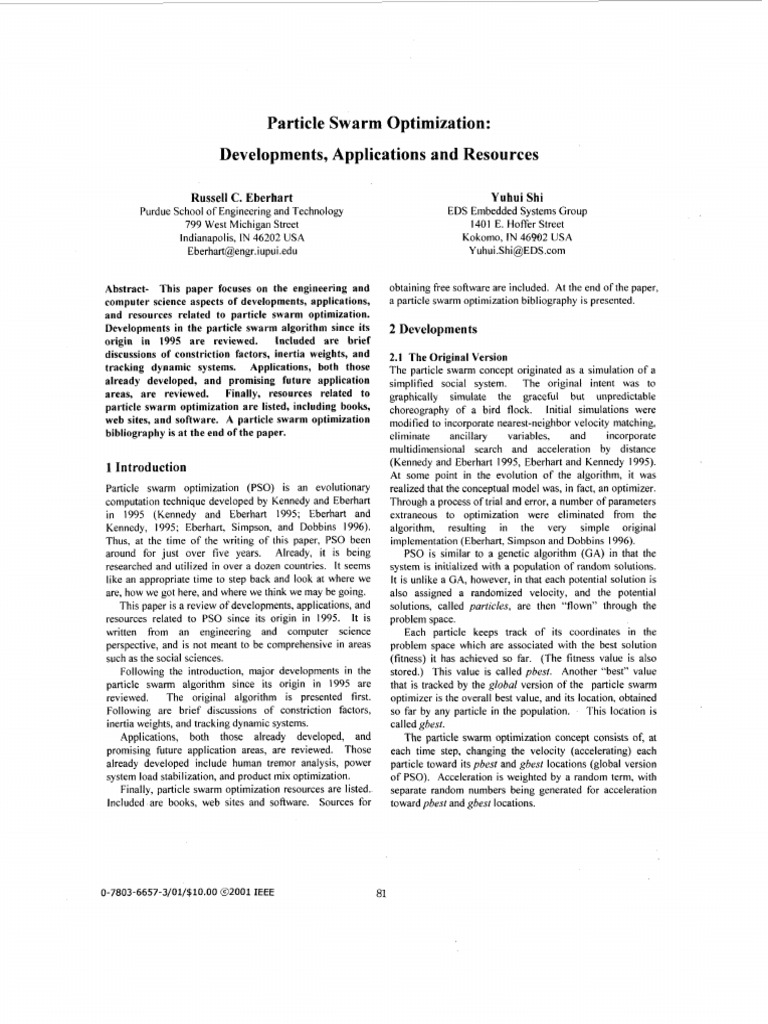 Particle Swarm Optimization Developments Applications and Resources | PDF
