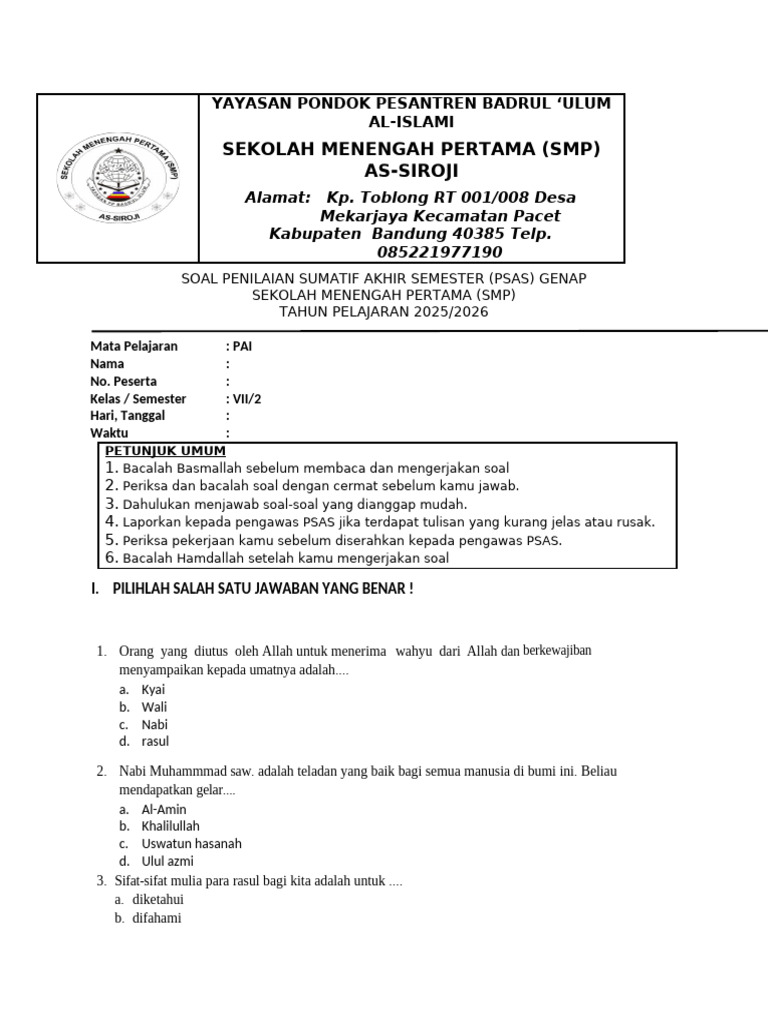 Soal PTS PAI Kelas 8 Genap | PDF