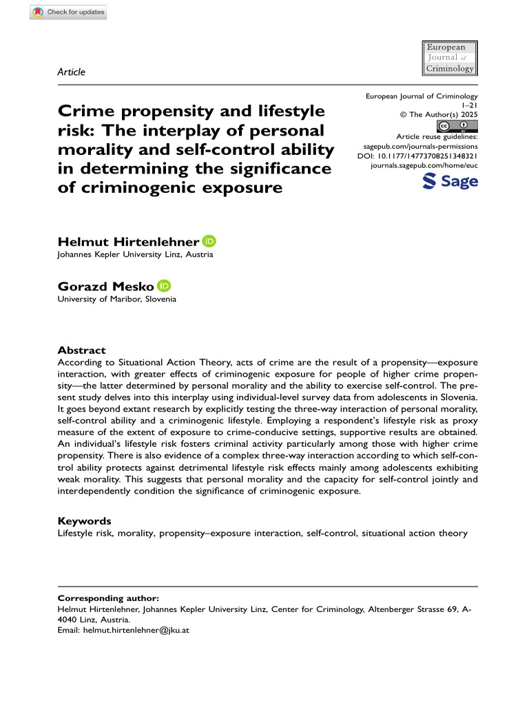 Crime Propensity and Lifestyle Risk The Interplay of Personal Morality ...