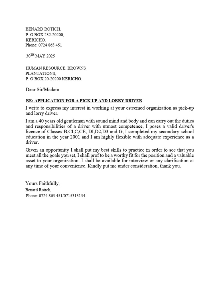 Rotich Benard Application | PDF | Road Transport | Land Transport