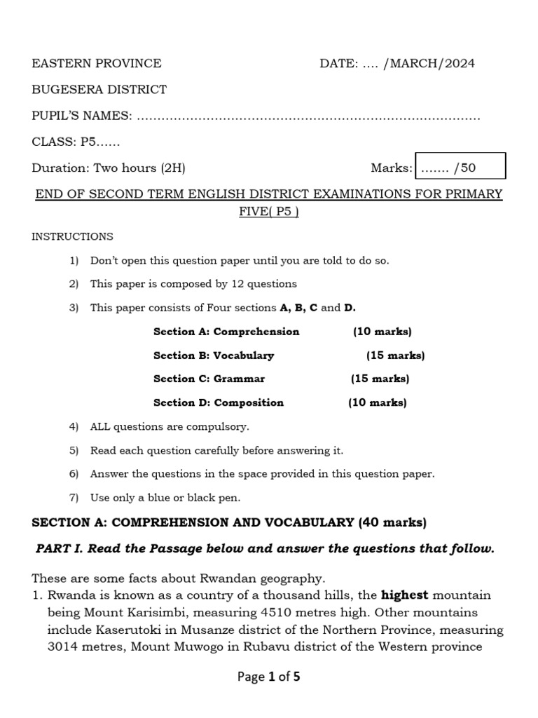 P5 English Exam Second Term | PDF | Rwanda
