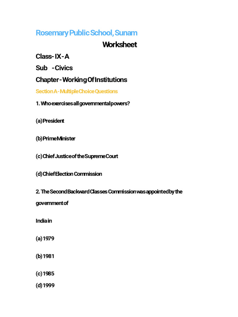 Worksheet (Civics) - Working of Institutions | PDF
