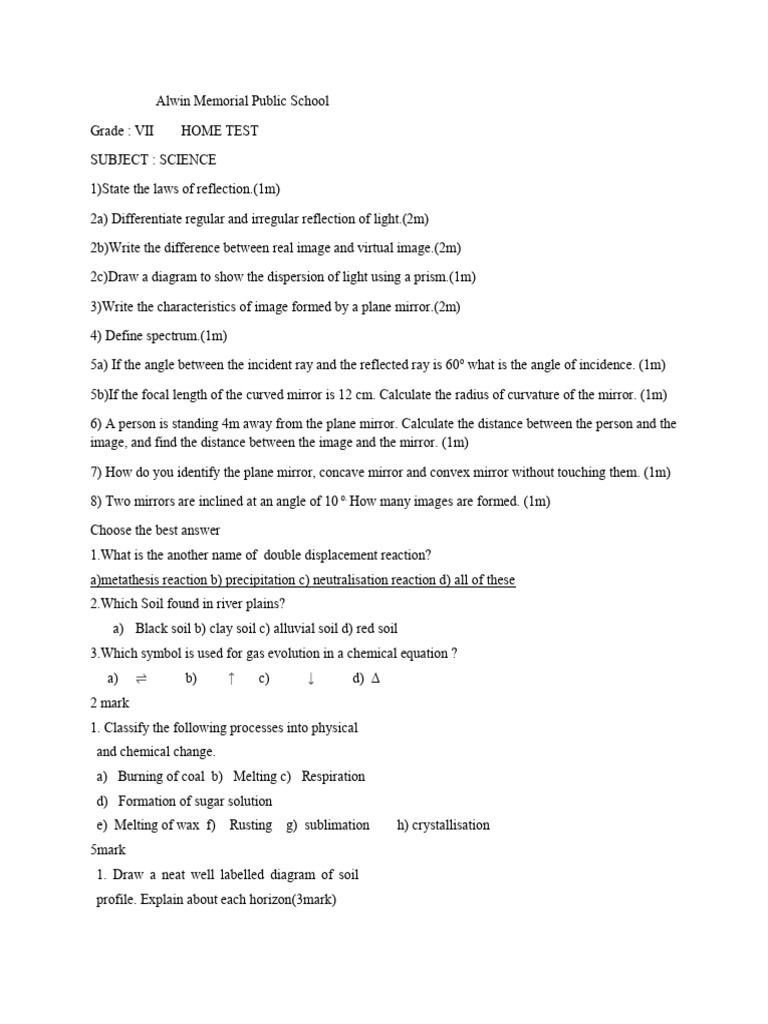 STD 7 Home Test Science | PDF | Mirror | Electromagnetic Radiation