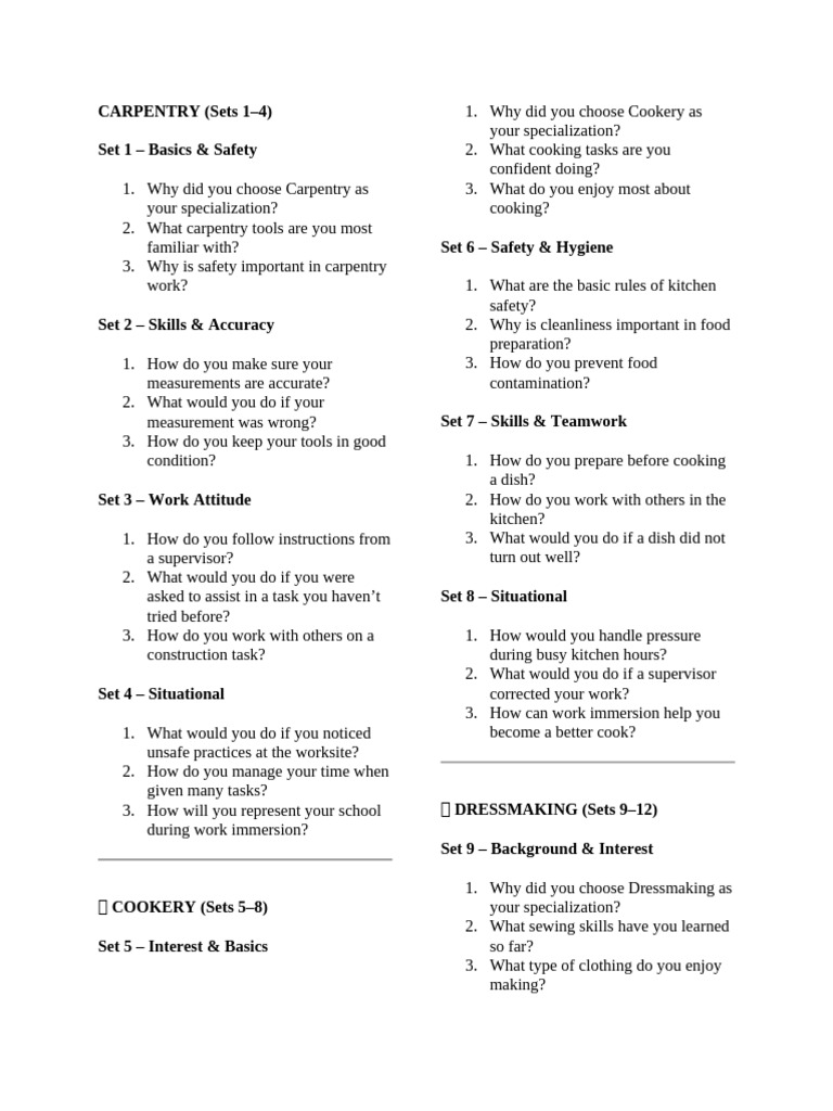 Sample Questions For Mock Interview | PDF | Sewing | Carpentry
