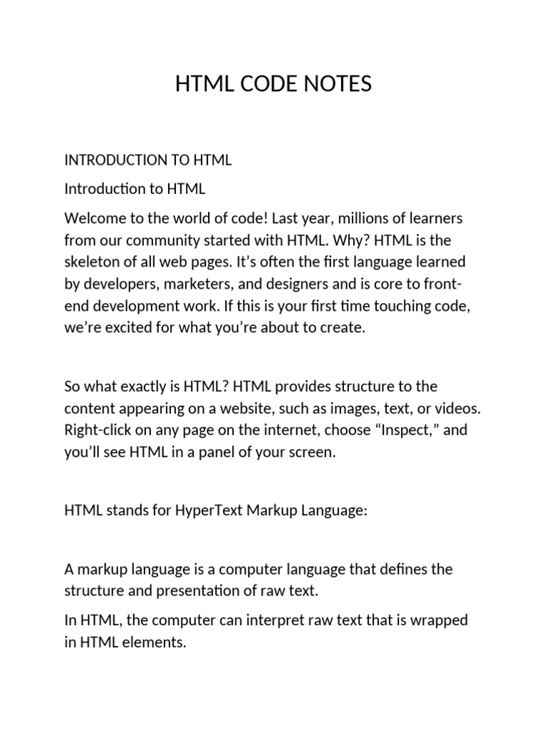 HTML Code Notes | PDF | Html Element | Html