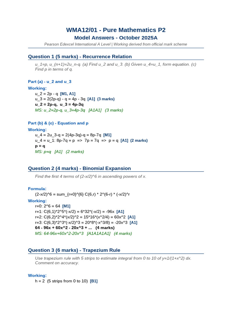 Edexcel IAL Pure Maths 1 Oct 2025A P1 Model Answers | PDF | Quadratic ...