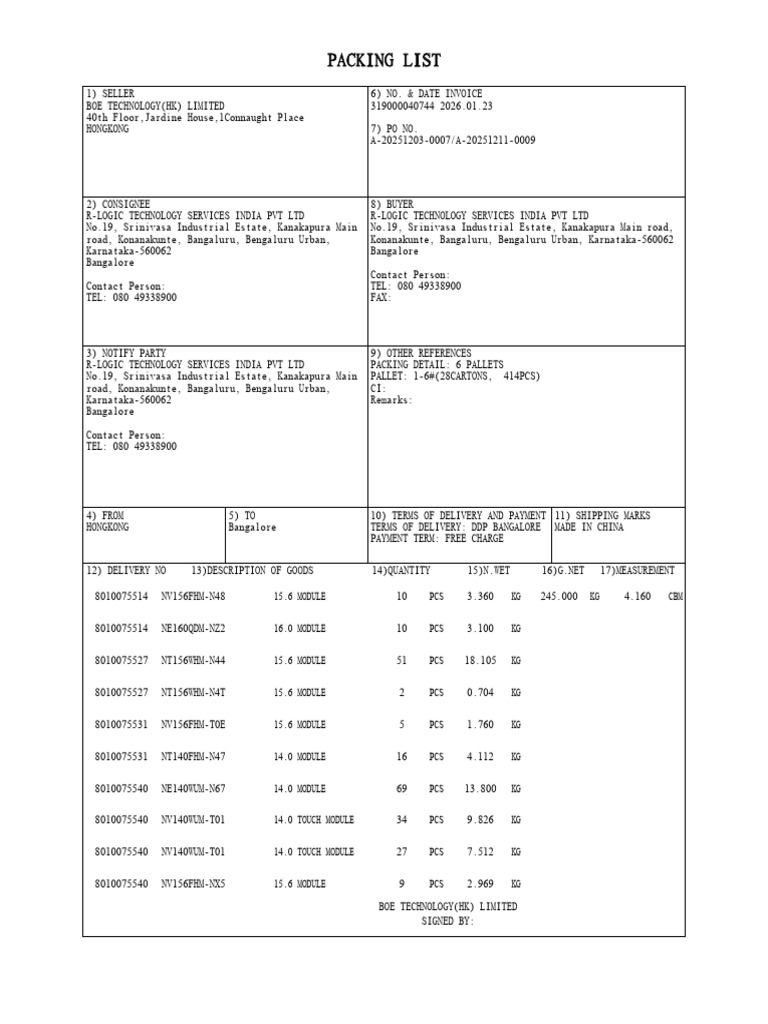 Packing List Bdx260100233 | PDF