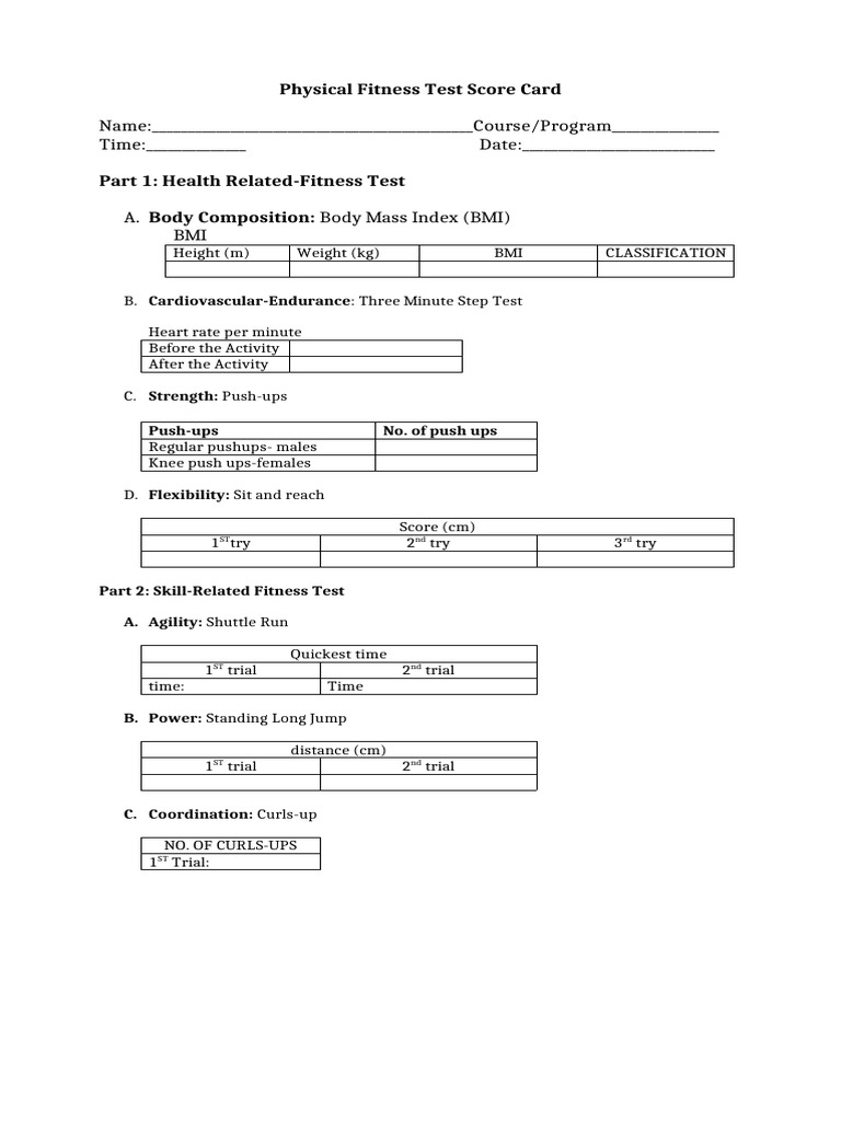 Physical Fitness Test Score Card | PDF