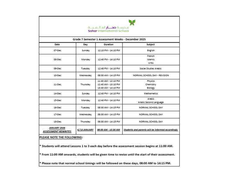 Grade 7 - S1 Assessment Timetable DEC | PDF