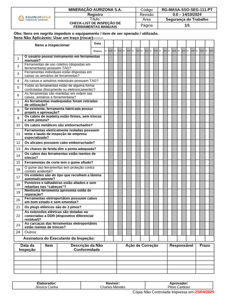 RG MASA SSO SEG 111 PT Check List de Inspeção de Ferramentas Manuais ...