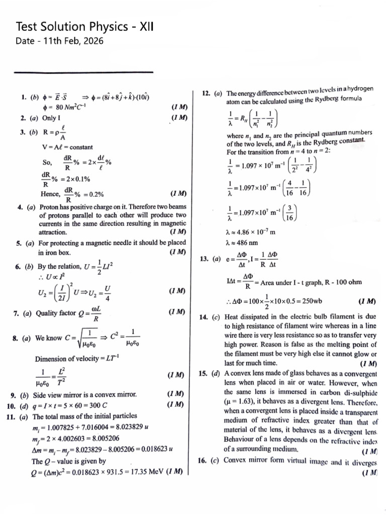 12th Phys Test Solution 11th FEB 2026 | PDF