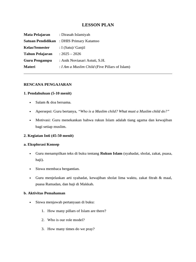 Lesson Plan - I Am A Muslim Child | PDF