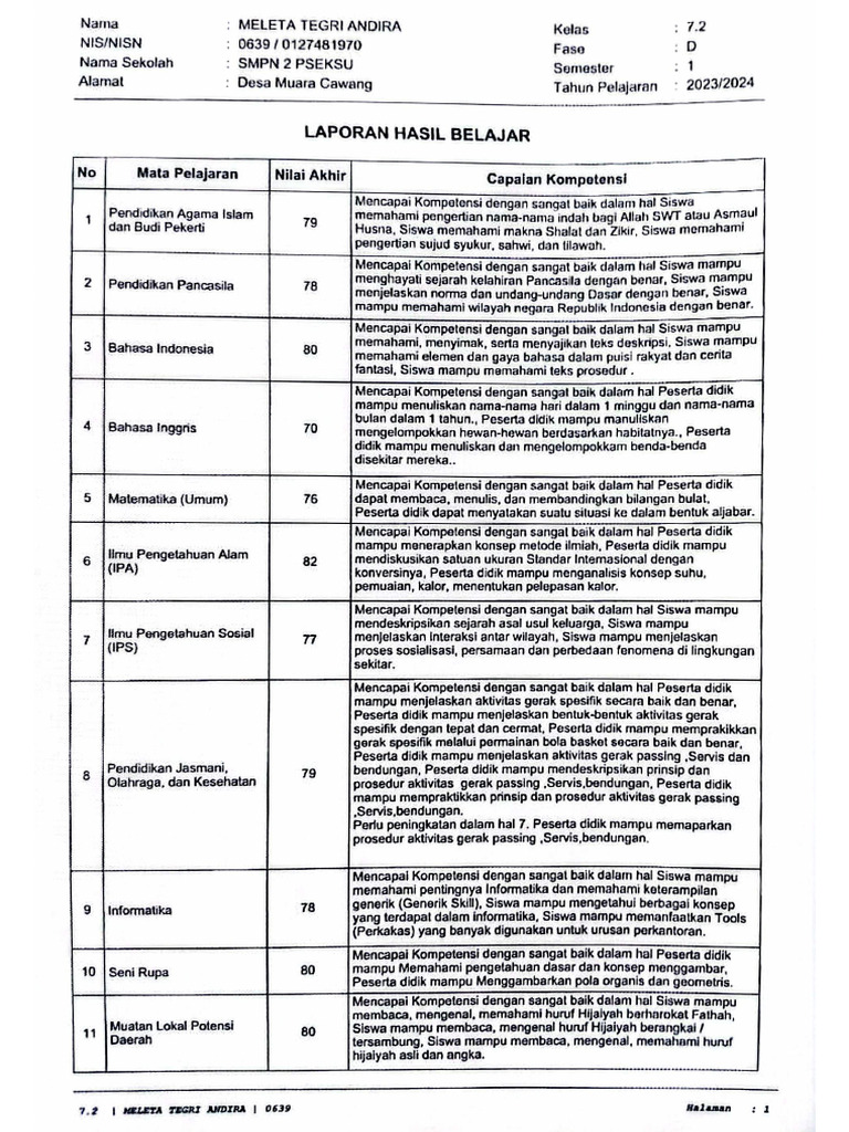 Nilai Rapot Dira | PDF