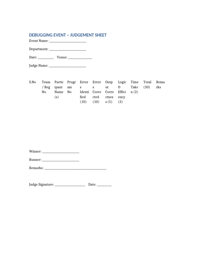 Debugging Event Judgement Sheet-1 | PDF